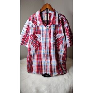 Levis Mens Plaid Short Sleeve Western Shirt Pearl Snap Button Pockets Red Blue‎